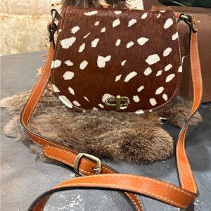 Fawn/ Axis Deer hide Brown and White Leather Crossbody Bag
